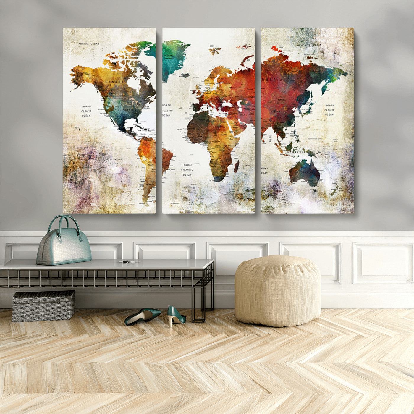 92207-MGV-CV-48X32-3P-Push Pin World Map Canvas Print – Framed Wall Art for Couples to Track Their Travels – Anniversary