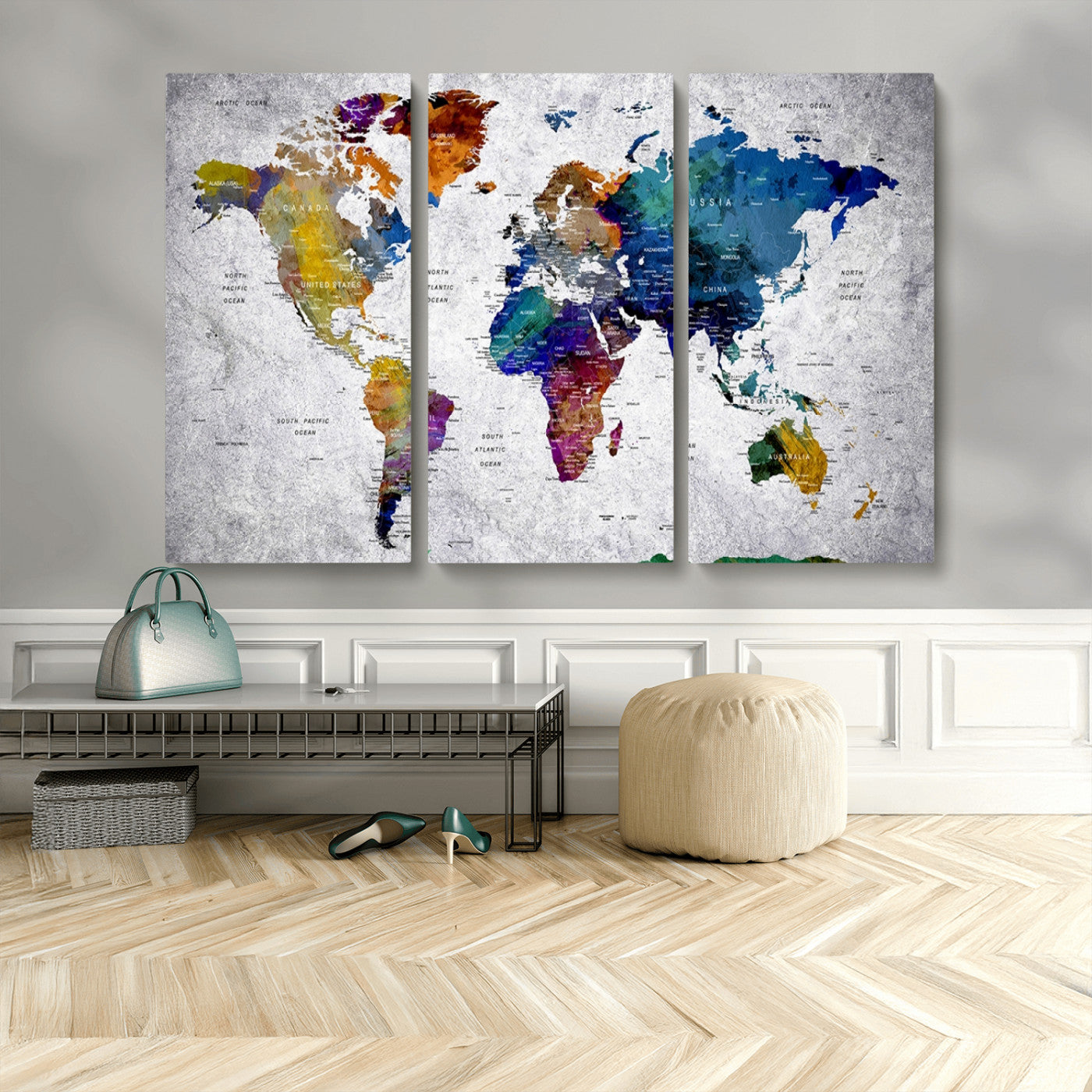MGV-CV-48X32-3P - Push Pin World Map Canvas Print – Framed Wall Art for Couples to Track Their Travels – Anniversary