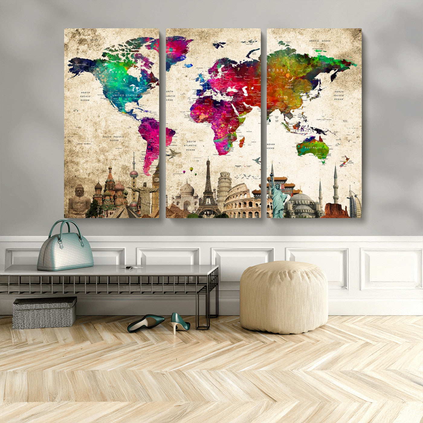 MGV-CV-48X32-3P - Push Pin World Map Canvas Print – Framed Wall Art for Couples to Track Their Travels – Anniversary