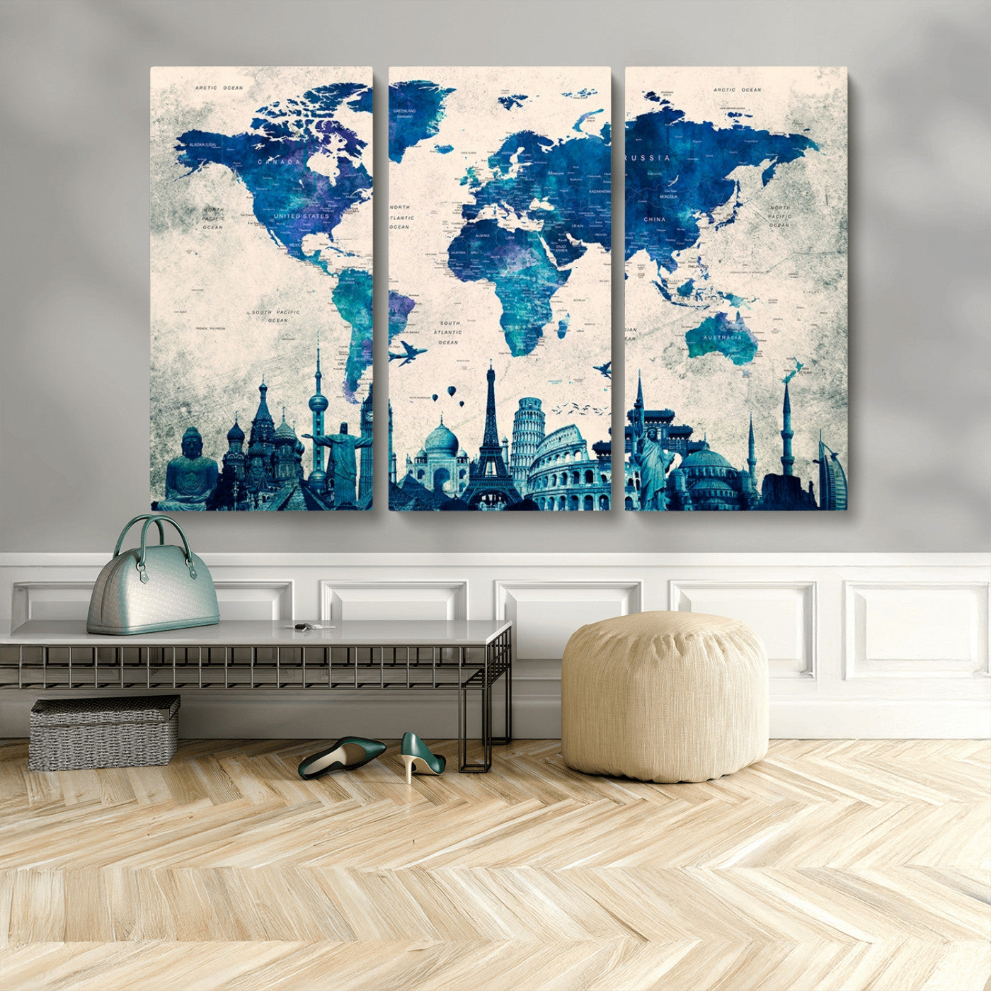 MGV-CV-48X32-3P - Navy Blue World Map Canvas Print, Wonder of World Map Push Pin Canvas Print