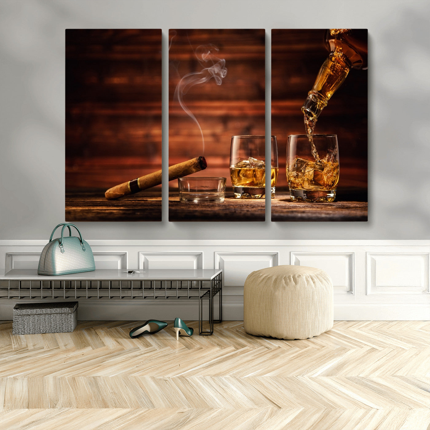 MGV-CV-48X32-3P - Whiskey and Cigar Wall Art Canvas | 3 Panel Bar Room Decor for Home Lounge, Office, or Man Cave |