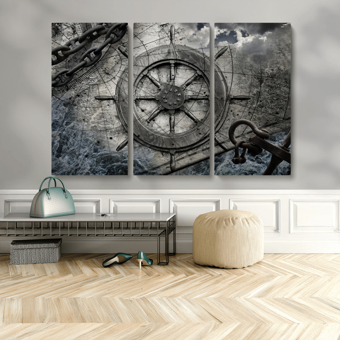 MGV-CV-48X32-3P - Ship Steering Wheel Vintage Wall Art Canvas Print