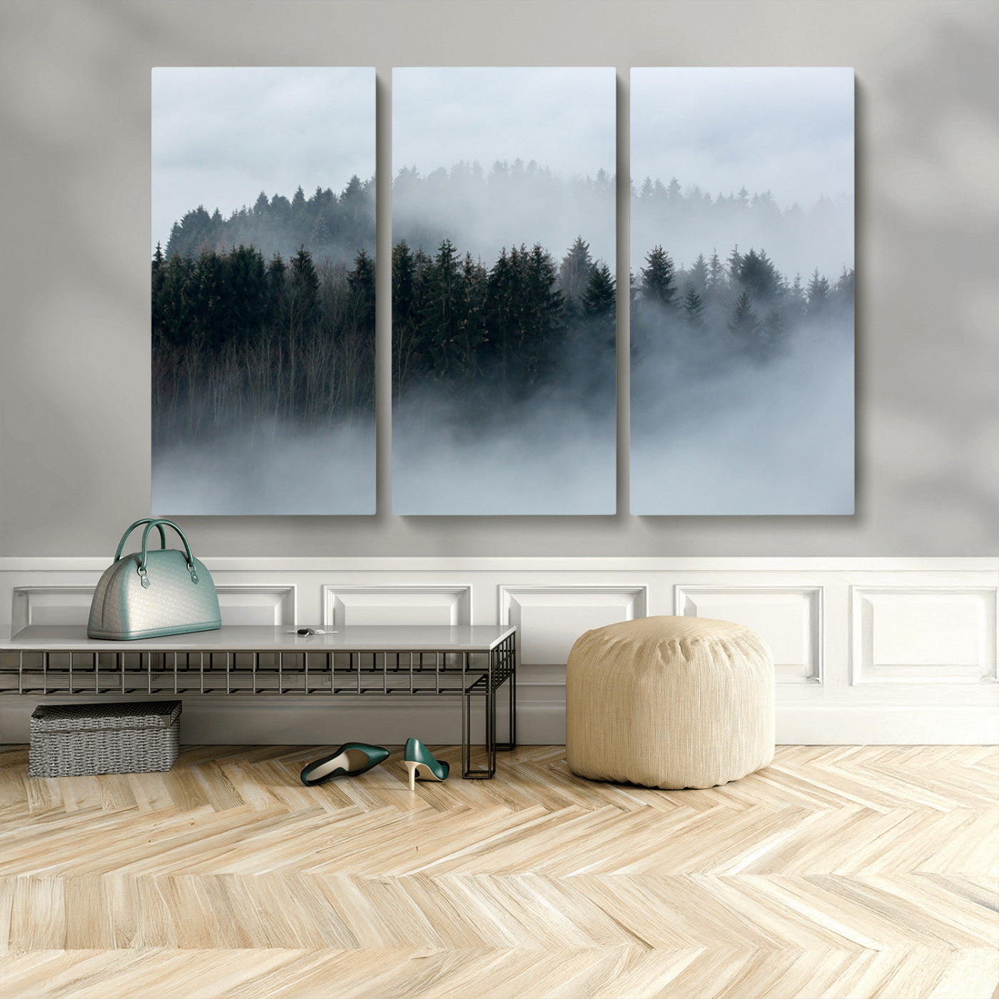MGV-CV-48X32-3P - Autumn and Misty Trees in the Forest Wall Art Canvas Print, Foggy Forest Mountain Wall Art Canvas