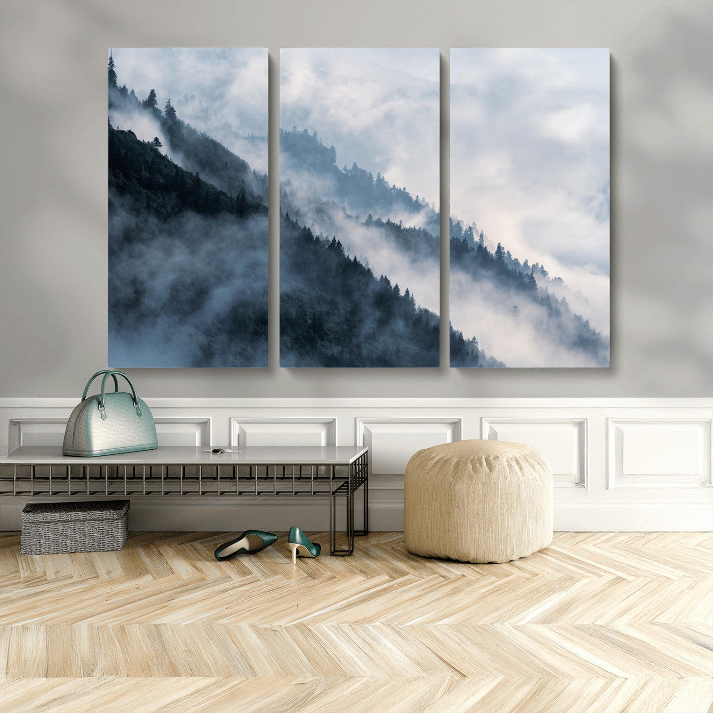 MGV-CV-48X32-3P - Foggy Forest Wall Art Canvas Print – Misty Mountain Landscape Decor – Ready to Hang Nature-Inspired