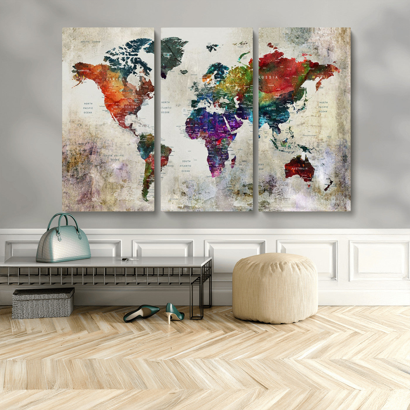MGV-CV-48X32-3P - Push Pin World Map Canvas Print – Framed Wall Art for Couples to Track Their Travels – Anniversary