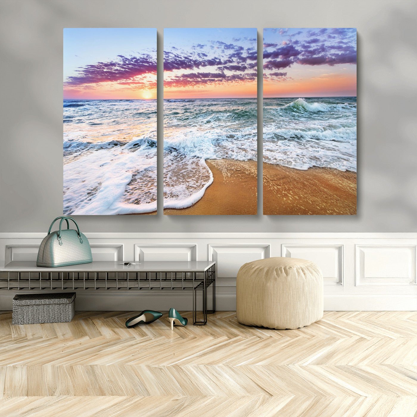 MGV-CV-48X32-3P - Coastal Sunset Art Beach Canvas Wall Art Print | Ocean Waves Wall Art | Large 3-Panel Seascape for