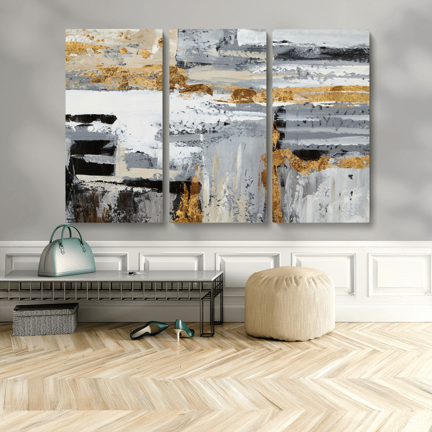 43177-MGV-CV-48X32-3P-Abstract Painting Canvas Wall Art Print Paint Drip Art Brush Strokes Gray Artwork