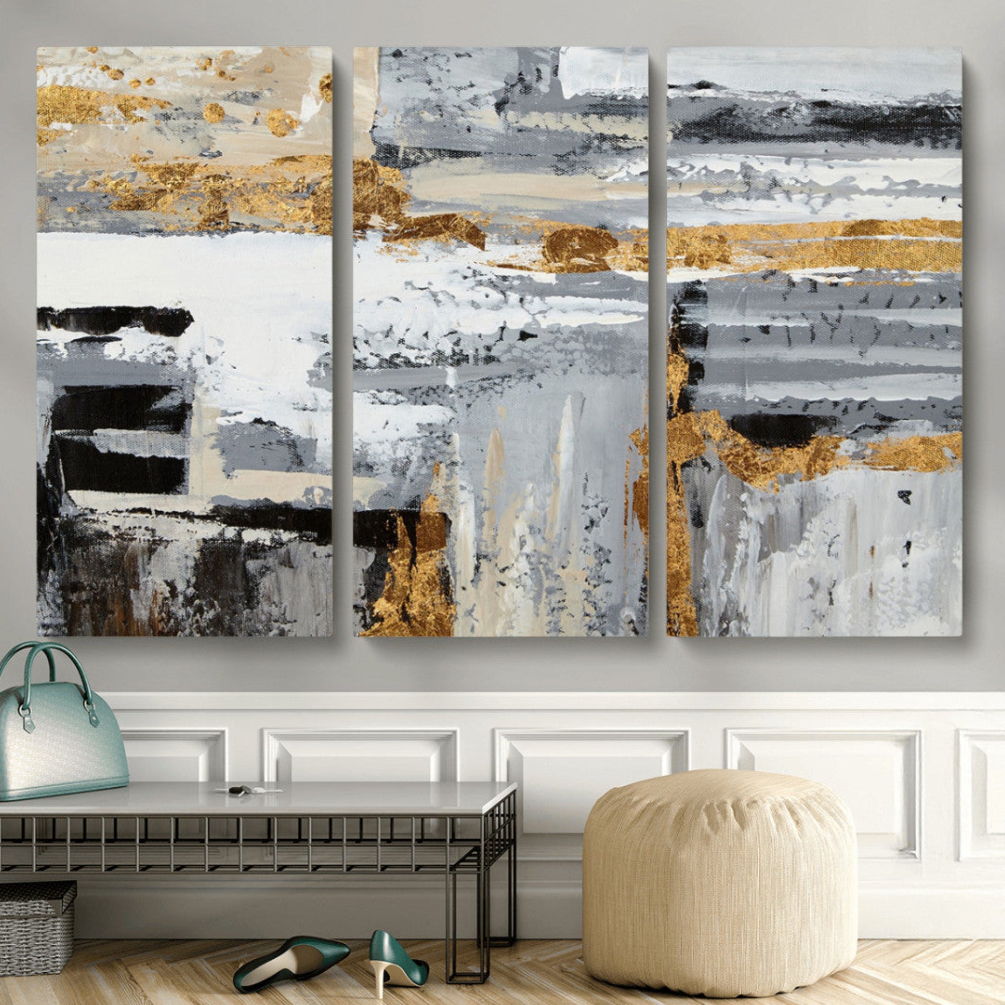 43177-MGV-CV-48X32-3P-Abstract Painting Canvas Wall Art Print Paint Drip Art Brush Strokes Gray Artwork