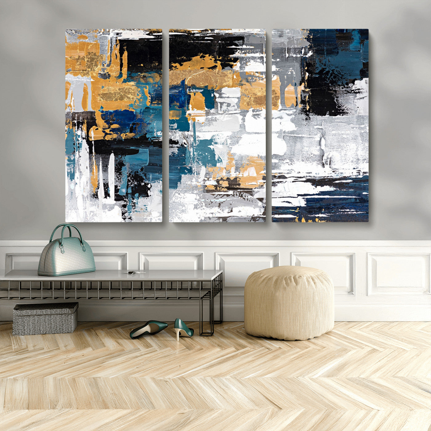 57708-MGV-CV-48X32-3P-Blue and Gold Abstract Canvas Wall Art – Triptych Modern Painting for Living Room – Framed and Ready to Hang