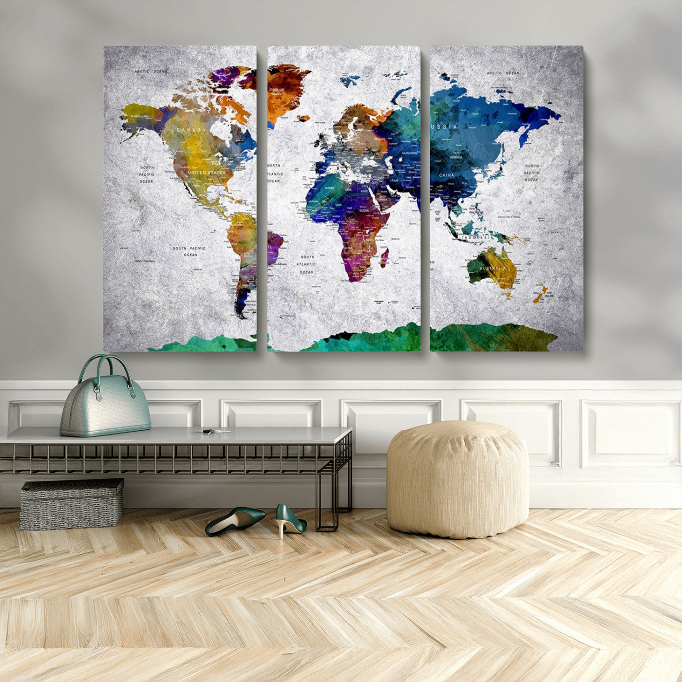 MGV-CV-48X32-3P - Push Pin World Map Canvas Print – Framed Wall Art for Couples to Track Their Travels – Anniversary