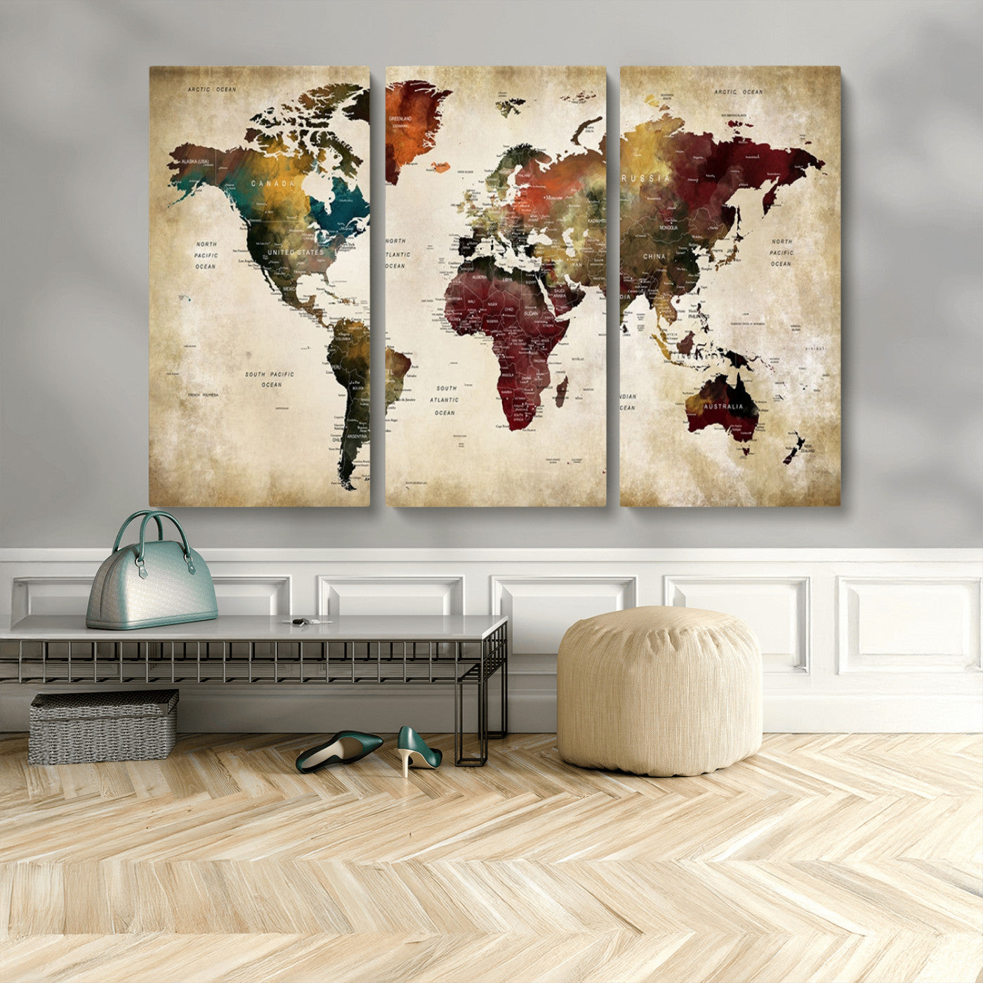 MGV-CV-48X32-3P - Large World Map Wall Art Canvas Print, Framed Push Pin Map Art Picture Print, Abstract Traveller Map Perfect Modern Decor Artwork