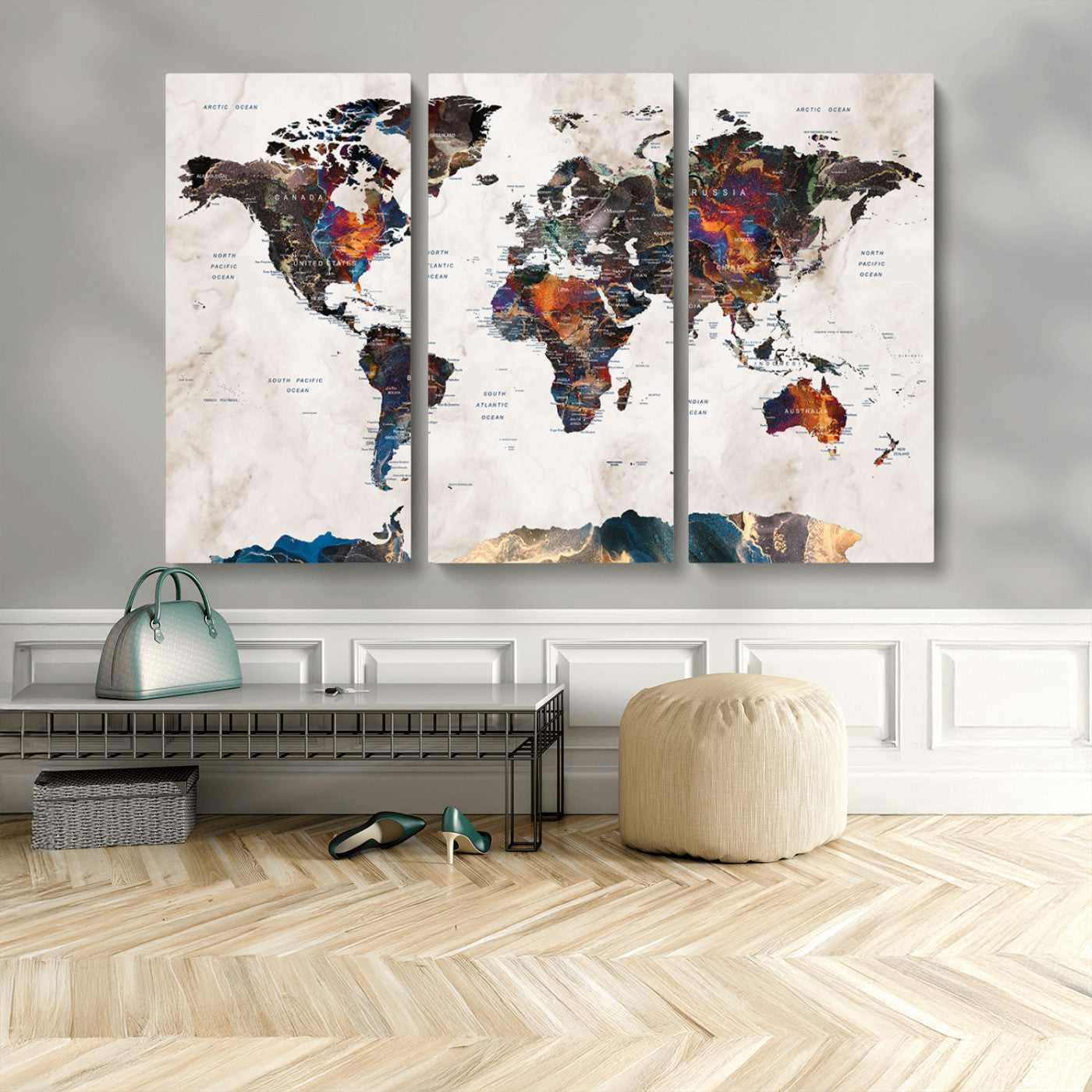 MGV-CV-48X32-3P - Push Pin World Map Canvas Print – Framed Wall Art for Couples to Track Their Travels – Anniversary