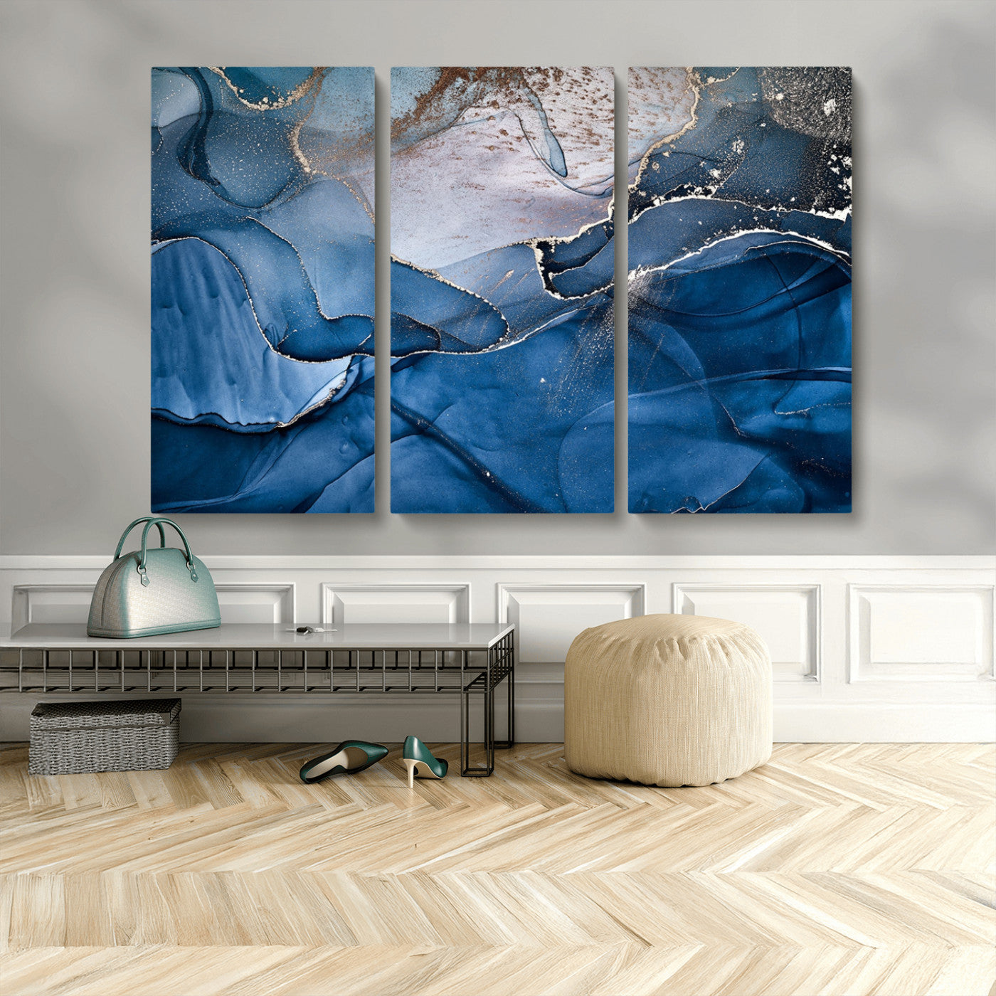 -Navy Blue Canvas Art Abstract Print – Elegant Triptych Modern Art Print – Contemporary Decor for Living Room or Office