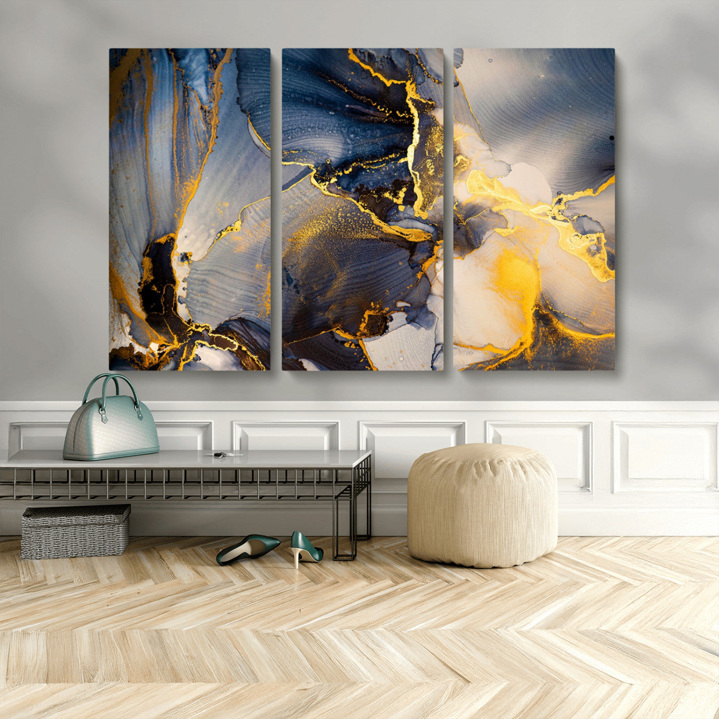 42100-MGV-CV-48X32-3P-Large Abstract Wall Art Print - Gold and Blue Abstract Canvas Wall Art | Fluid Ink Modern Luxury Wall Decor for Living Room Decor