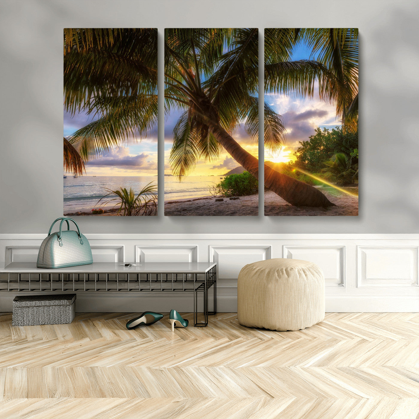 MGV-CV-48X32-3P - Tropical Island Sunset on the Beach Palms Wall Art Canvas Print
