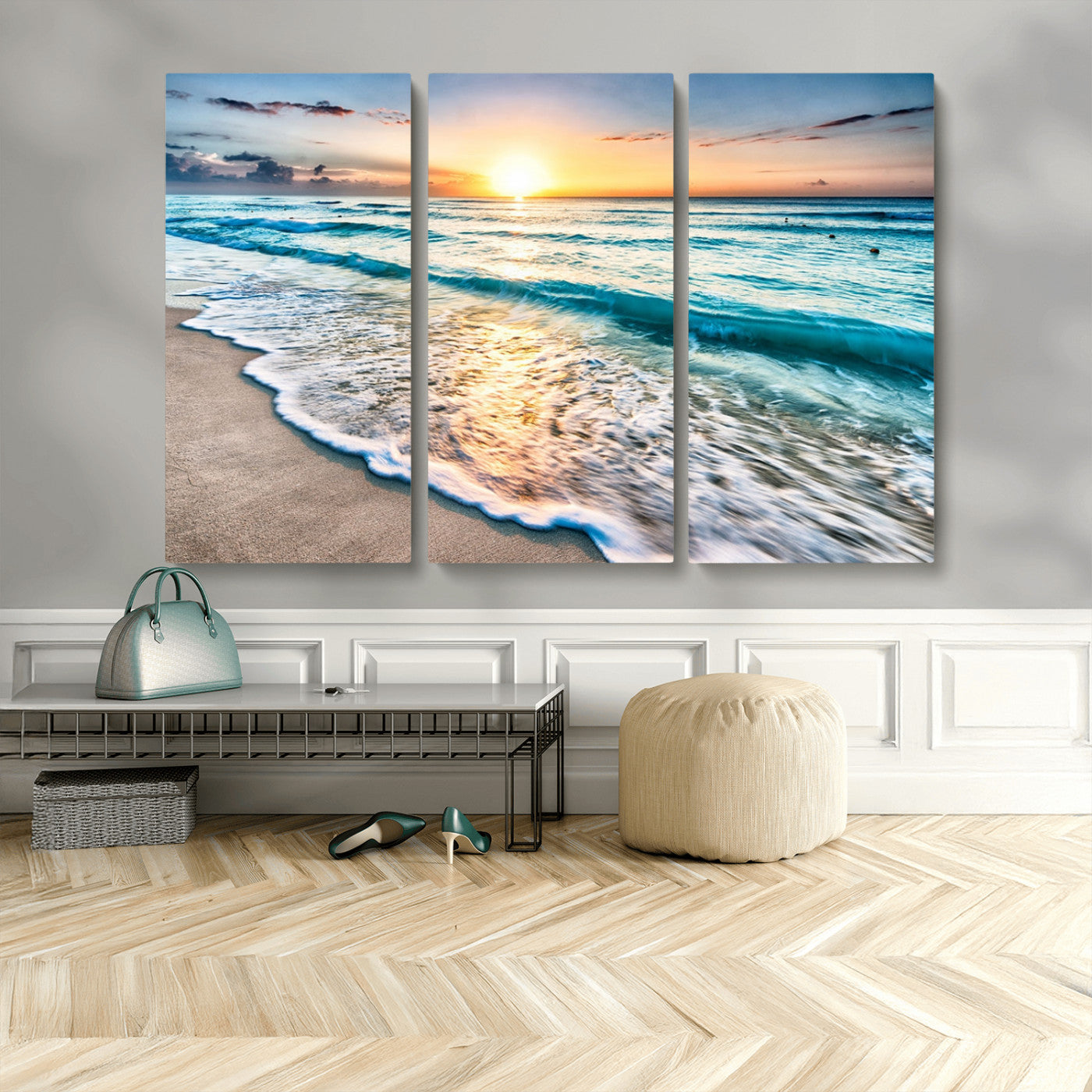 MGV-CV-48X32-3P - Sunset Beach Waves Canvas Wall Art – 5-Panel Ocean Sunset Print – Coastal Decor for Living Room or