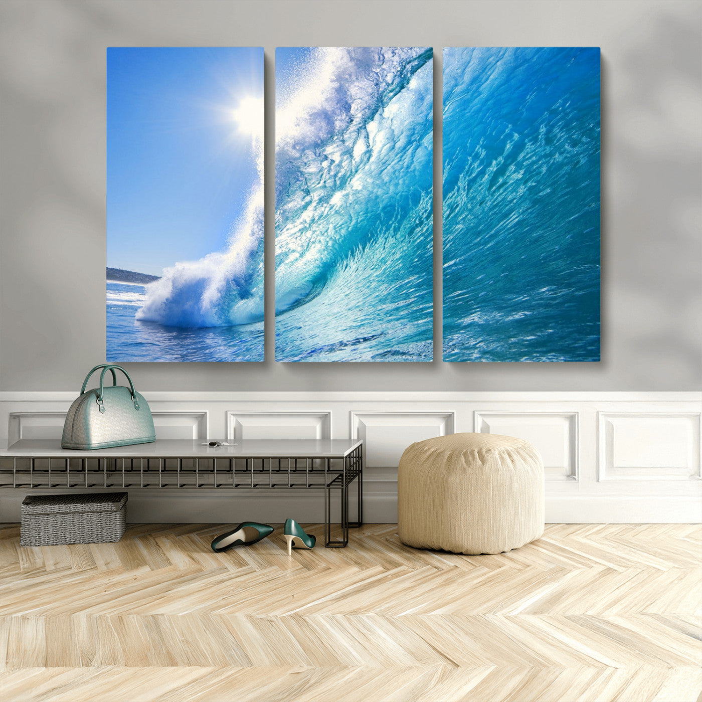 MGV-CV-48X32-3P - Blue Big Wave Surfing Ocean Canvas Wall Art Artwork Print , Surf Wall Art, Sea Wall Art