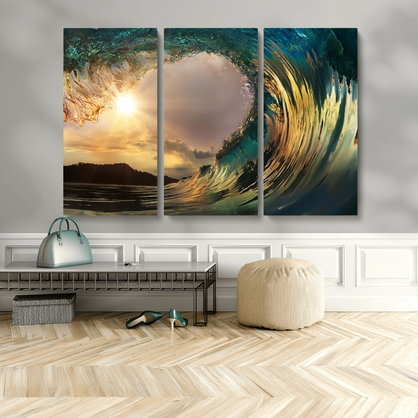 MGV-CV-48X32-3P - Golden Wave Sunset Giclee Canvas Print – Large Coastal Wall Art for Nature Lovers, Captivating Ocean Wave Decor