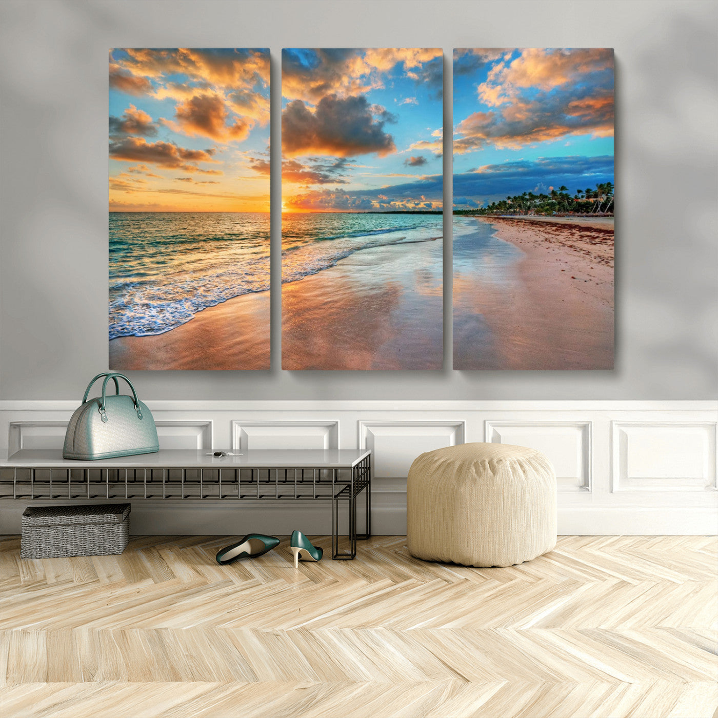 MGV-CV-48X32-3P - Sunset Beach Canvas Wall Art – Tropical Triptych Seascape Print – Coastal Ocean Decor for Living