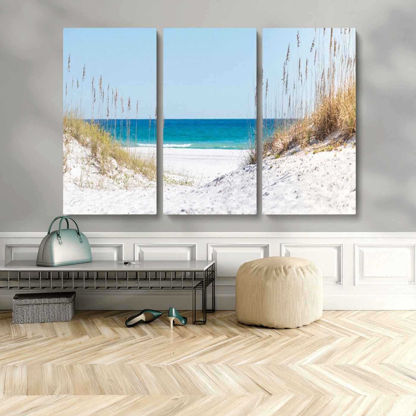MGV-CV-48X32-3P - Serene Coastal Dune Path with Ocean View, 3-Panel Beach Canvas Wall Art, Tranquil Seascape Giclee Print, Gallery Wrap, Perfect for Coastal Home Decor