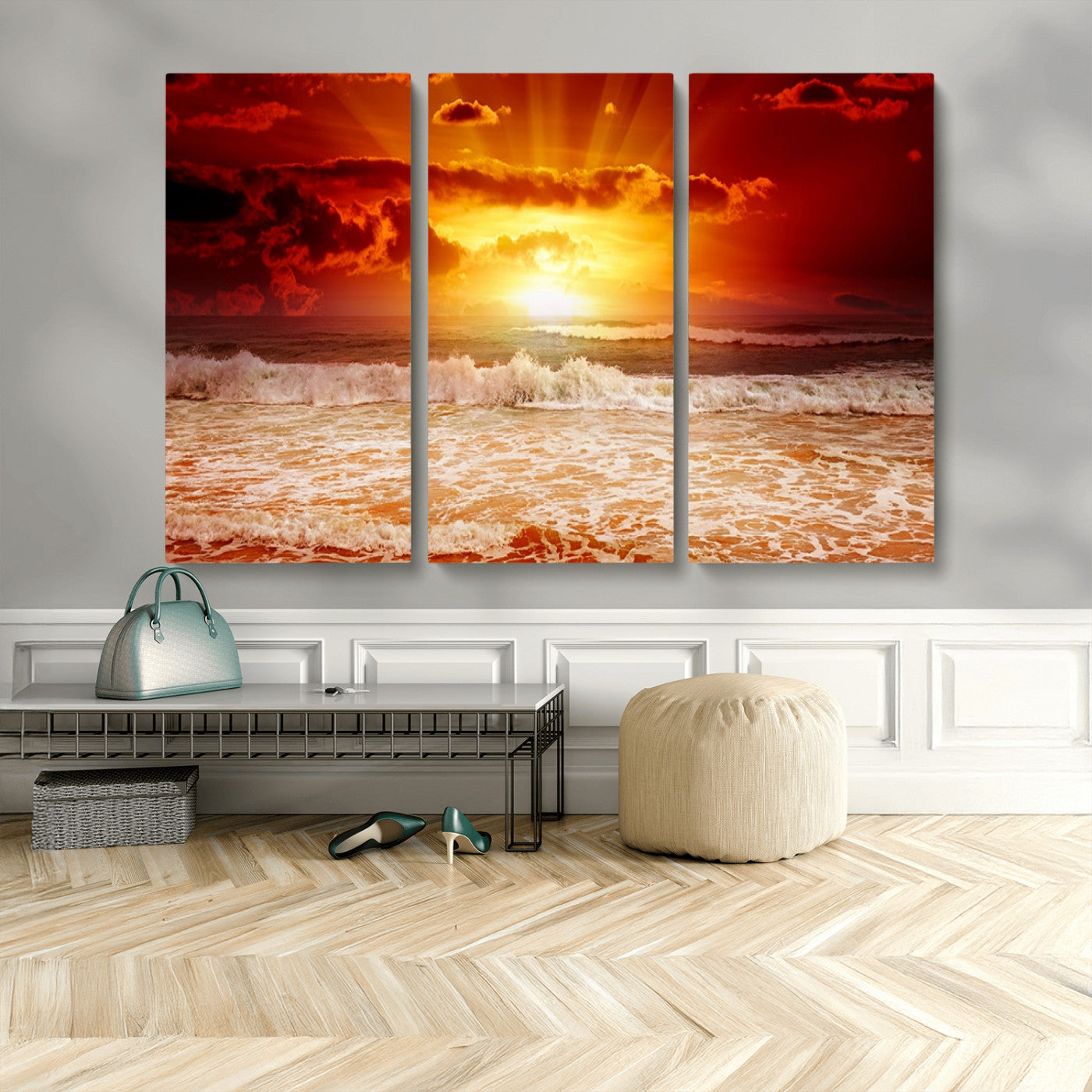 MGV-CV-48X32-3P - Red Sunset Ocean Beach Canvas Wall Art Beach Canvas, Coastal Sunset Print