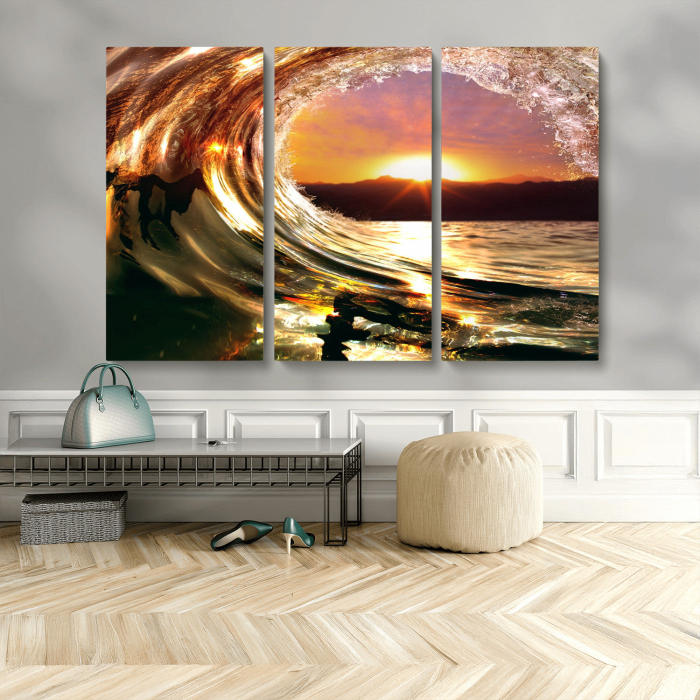MGV-CV-48X32-3P - Golden Wave Sunset Triptych Canvas Art, Giclee Canvas Print of Ocean Wave and Sunset, Framed Ocean