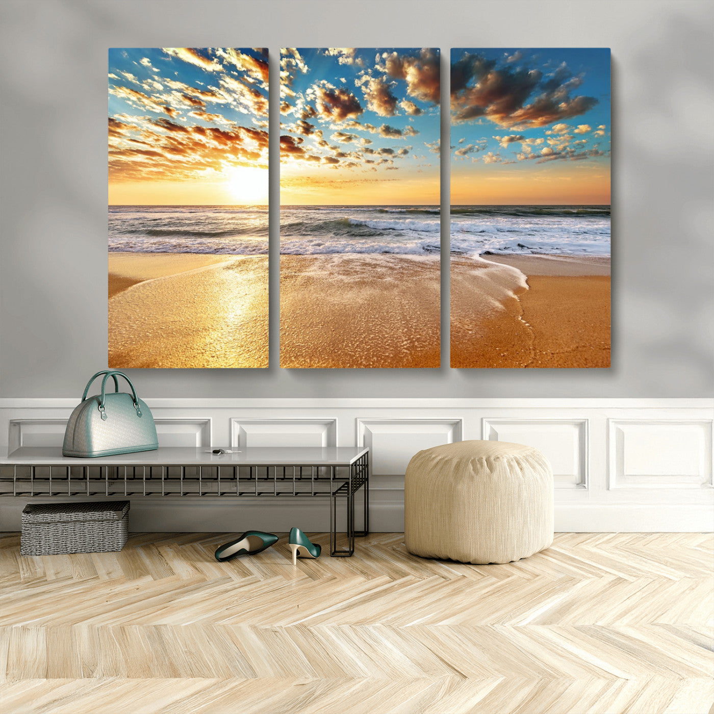 MGV-CV-48X32-3P - Golden Sunset Beach Print Canvas Wall Art, Giclee Canvas Print with Canon Print Quality, Triptych