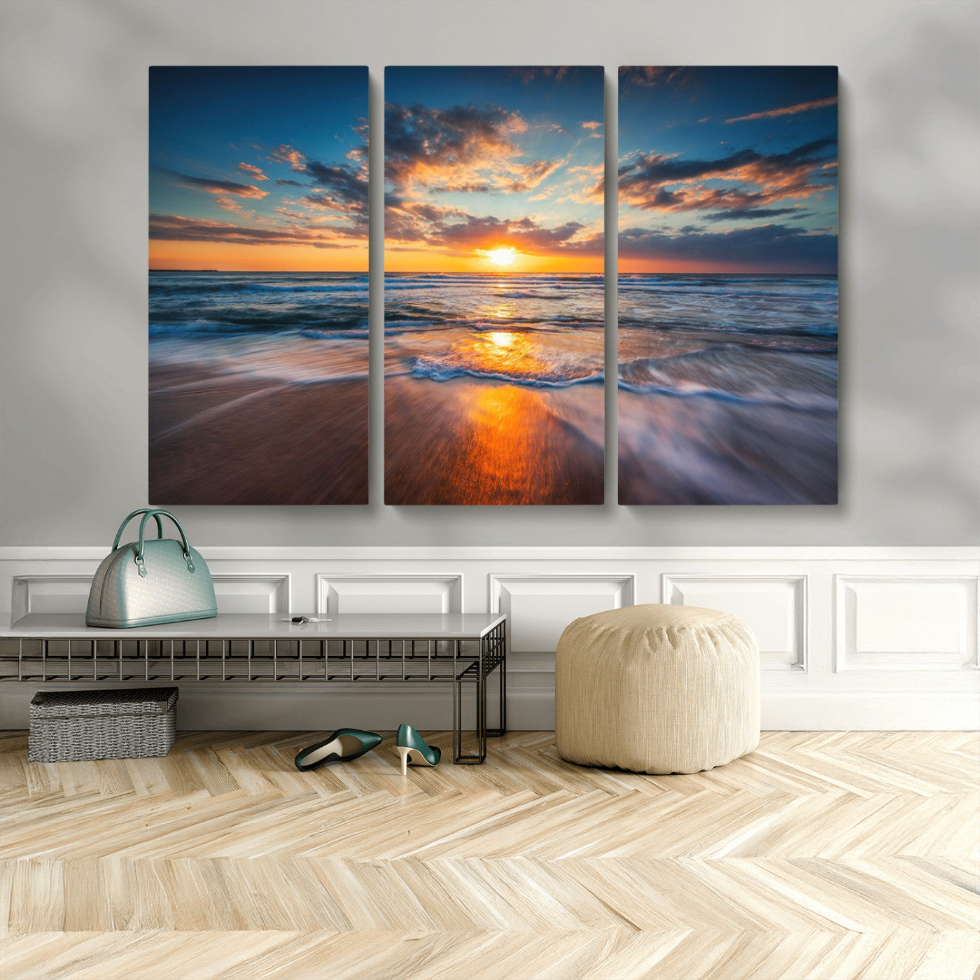 MGV-CV-48X32-3P - Sunset on the Ocean Beach with Waves, Reflections on Sand, Coastal Wall Art Print, Beach Wall Art,