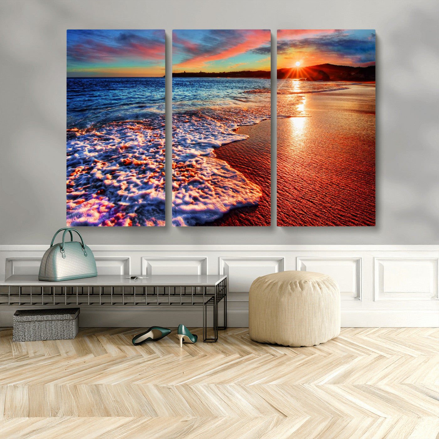 MGV-CV-48X32-3P - Colorful Coastal Sunset on the Beach Canvas Print, Ocean Waves Crashing at Dusk, Multi-Panel Seascape Vibrant Coastal Wall Art Canvas Print