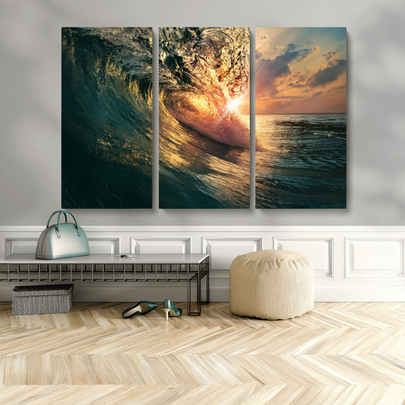 MGV-CV-48X32-3P - Ocean Wave Sunset Canvas Wall Art – Triptych Seascape Print – Framed and Ready to Hang for Living Room or Office