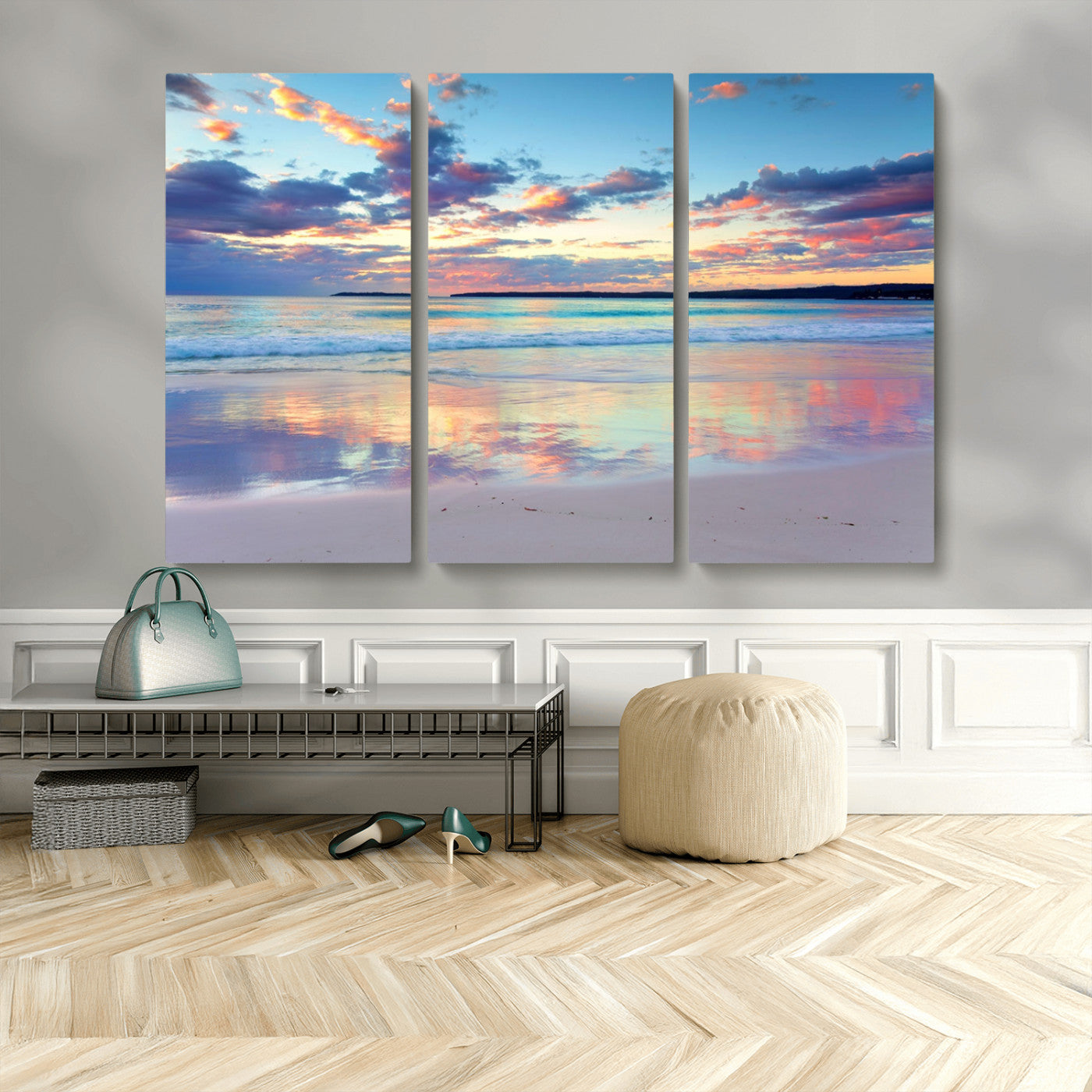 MGV-CV-48X32-3P - Tranquil Pastel Sunset Beach Triptych Canvas Art, Soothing Coastal Ocean Shoreline Giclee Print, Beach Reflections Wall Decor for Serene Spaces