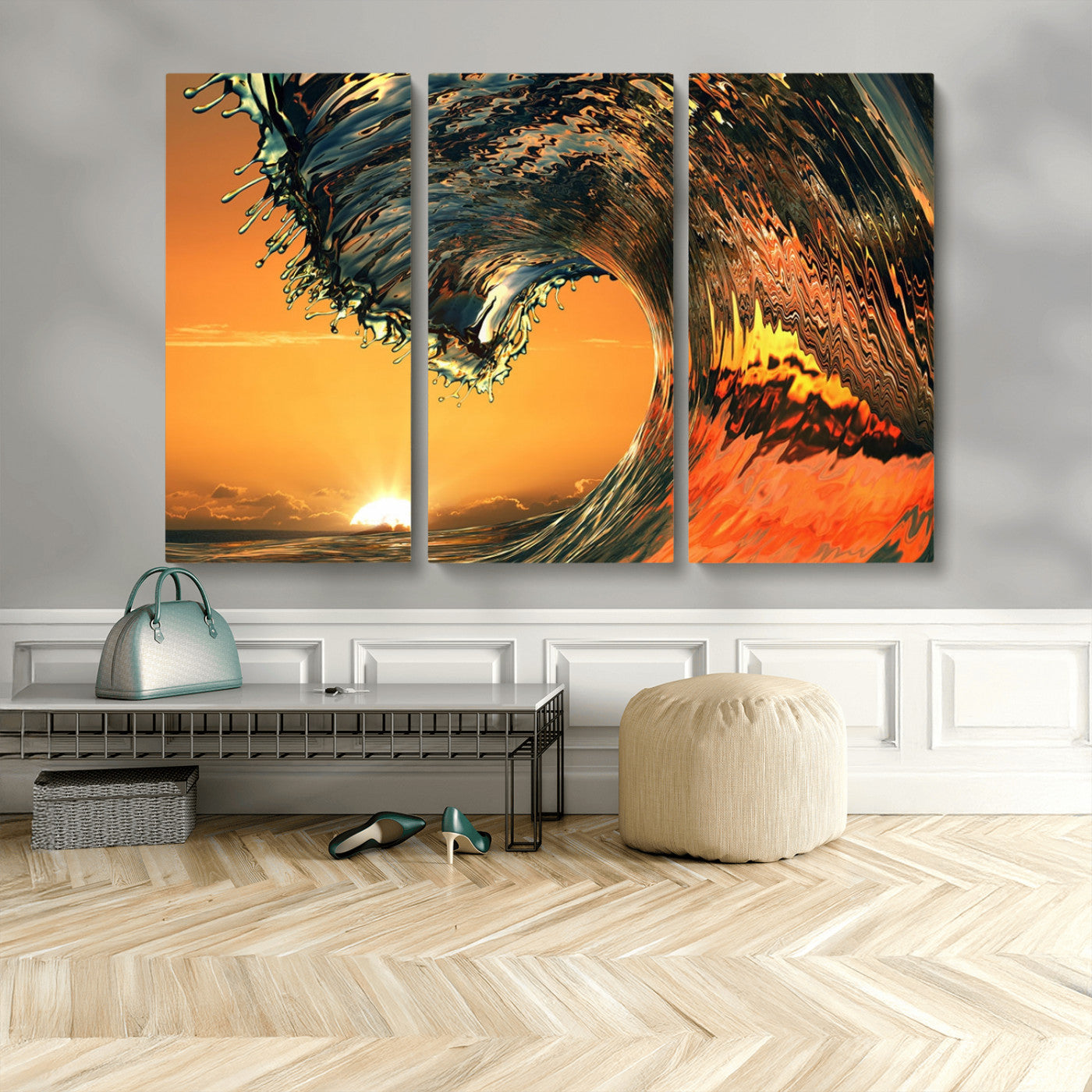 96977-MGV-CV-48X32-3P-Surf Wave Sunset Canvas Wall Art Print, 3-Panel Ocean Coastal Wall Art Print, Ocean Decor for