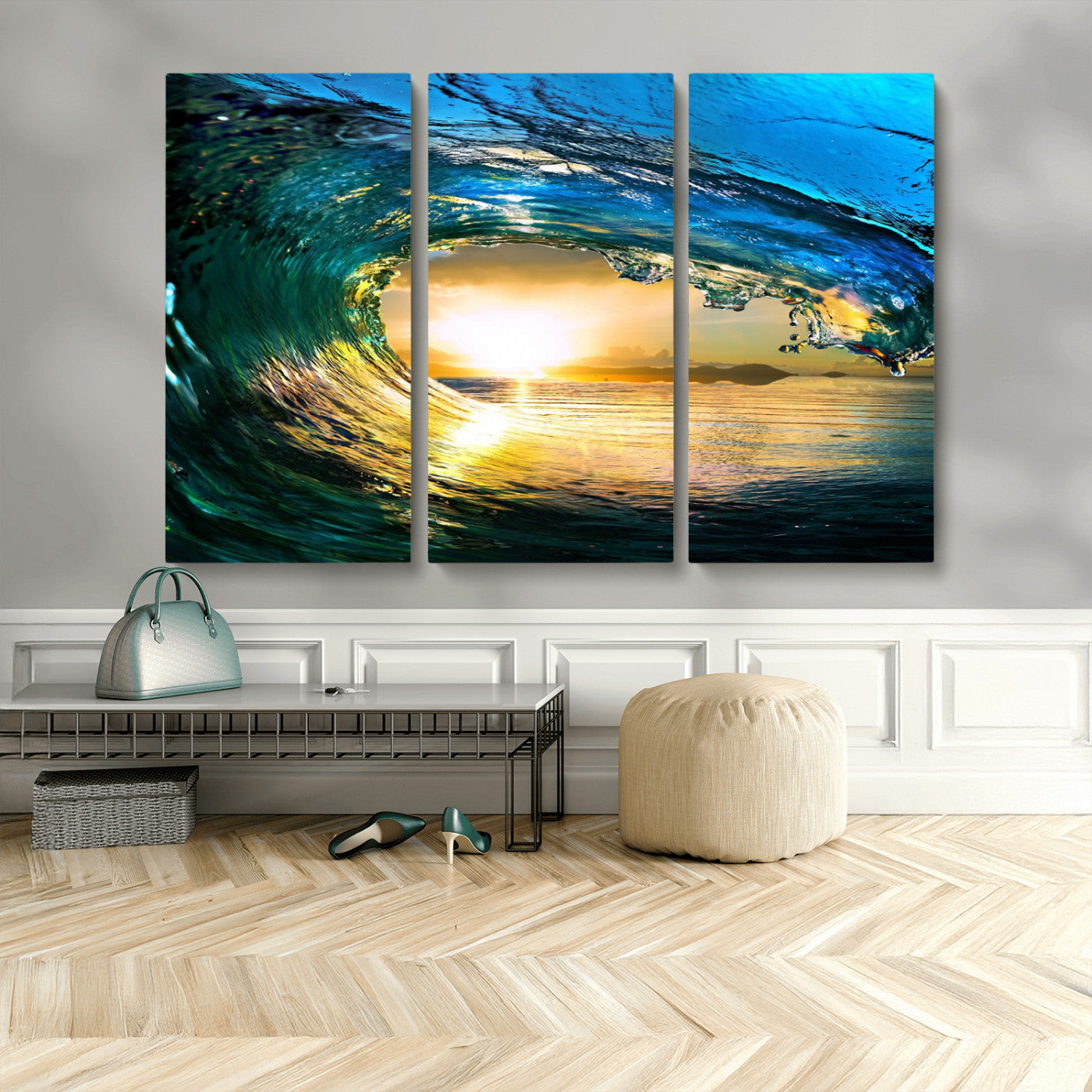 MGV-CV-48X32-3P - Ocean Wave at Sunset Canvas Art, Large Wall Print of Vibrant Water Waves, Coastal Art for Living Room and Dining Room