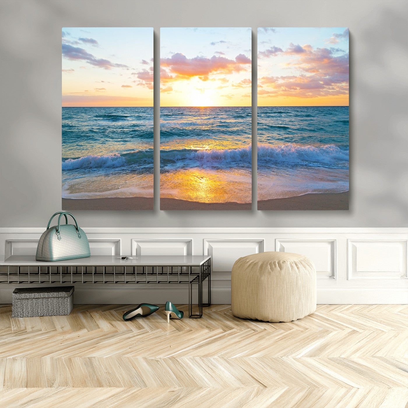 MGV-CV-48X32-3P - Ocean Sunset Triptych Canvas Wall Art, Giclee Beach Sunset Print with Gentle Waves, Coastal Art for Relaxation Spaces