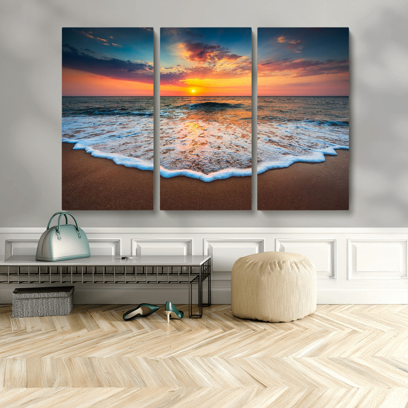 MGV-CV-48X32-3P - Sunset Beach Canvas Wall Art – Colorful Ocean Waves Triptych – Coastal Decor for Living Room or Bedroom – Framed and Ready to Hang