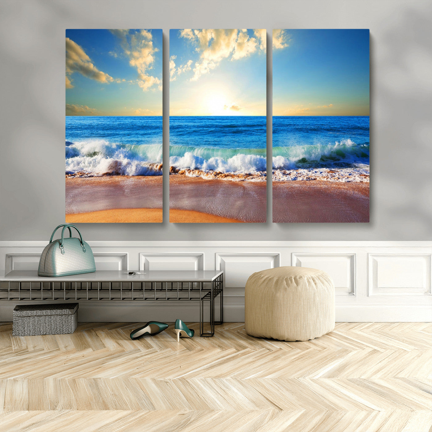 MGV-CV-48X32-3P - Tropical Beach Sunset Canvas Art, Ocean Waves and Sandy Shoreline Wall Art, Large Beach Decor for Coastal Homes