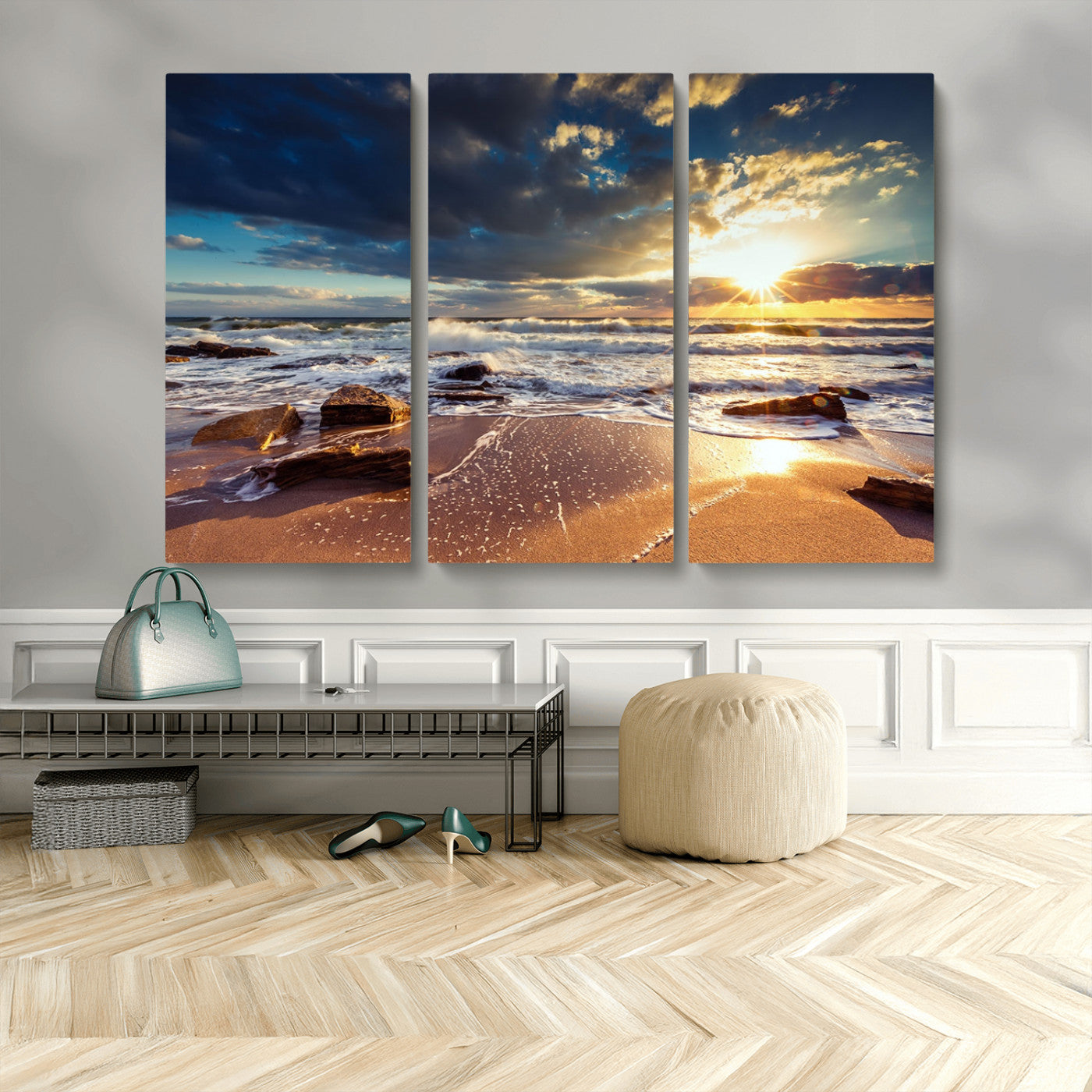 MGV-CV-48X32-3P - Golden Hour Beach Sunset Canvas Triptych, Ocean Waves and Rocks Wall Art for Coastal Home Decor
