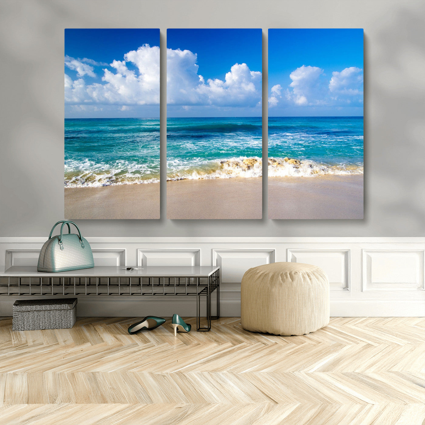 MGV-CV-48X32-3P - Tropical Beach 3-Panel Canvas Wall Art – Serene Ocean Waves and Blue Sky – Giclée Print for Living Room, Office, or Bedroom Coastal Decor