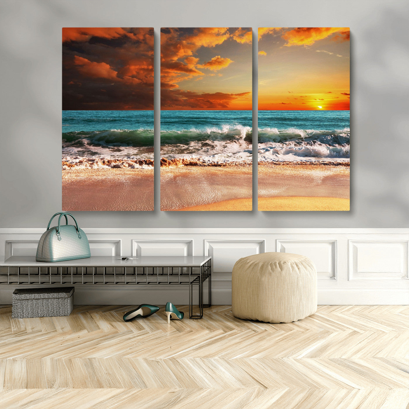 MGV-CV-48X32-3P - Golden Sunset Beach Canvas Wall Art – Triptych Seascape Print – Framed and Ready to Hang for Living Room or Office