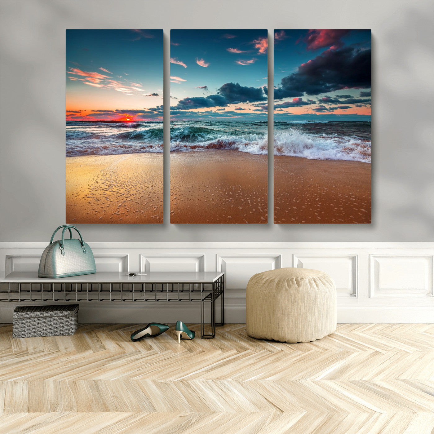 MGV-CV-48X32-3P - Sunset Ocean Beach Wall Art – Giclee Canvas Print, Coastal Seascape, Ready to Hang, Beach Decor, Large 3-Panel Set for Living Room