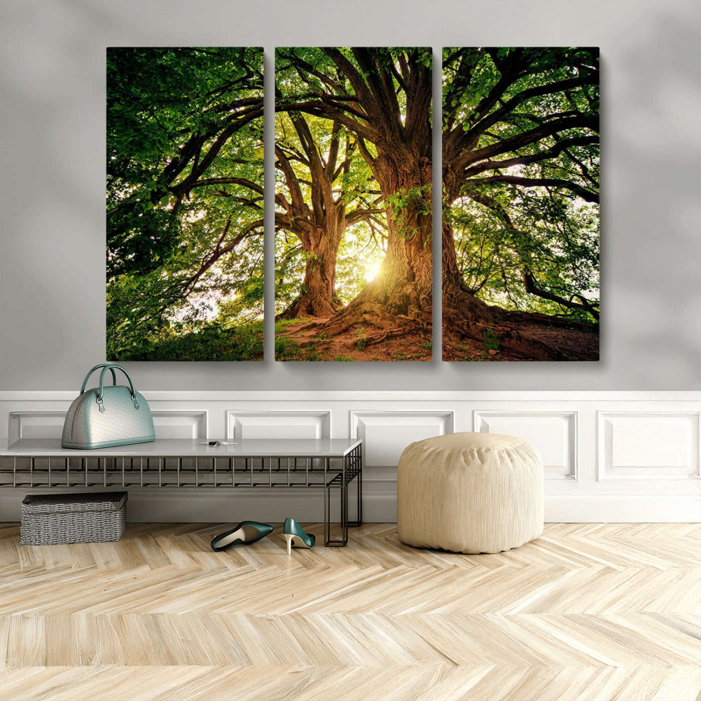 MGV-CV-48X32-3P - Majestic Ancient Tree Wall Art, Nature-Inspired Canvas Print, Woodland Art, Tree of Life Artwork, Sunlit Forest, Giclee Nature Print