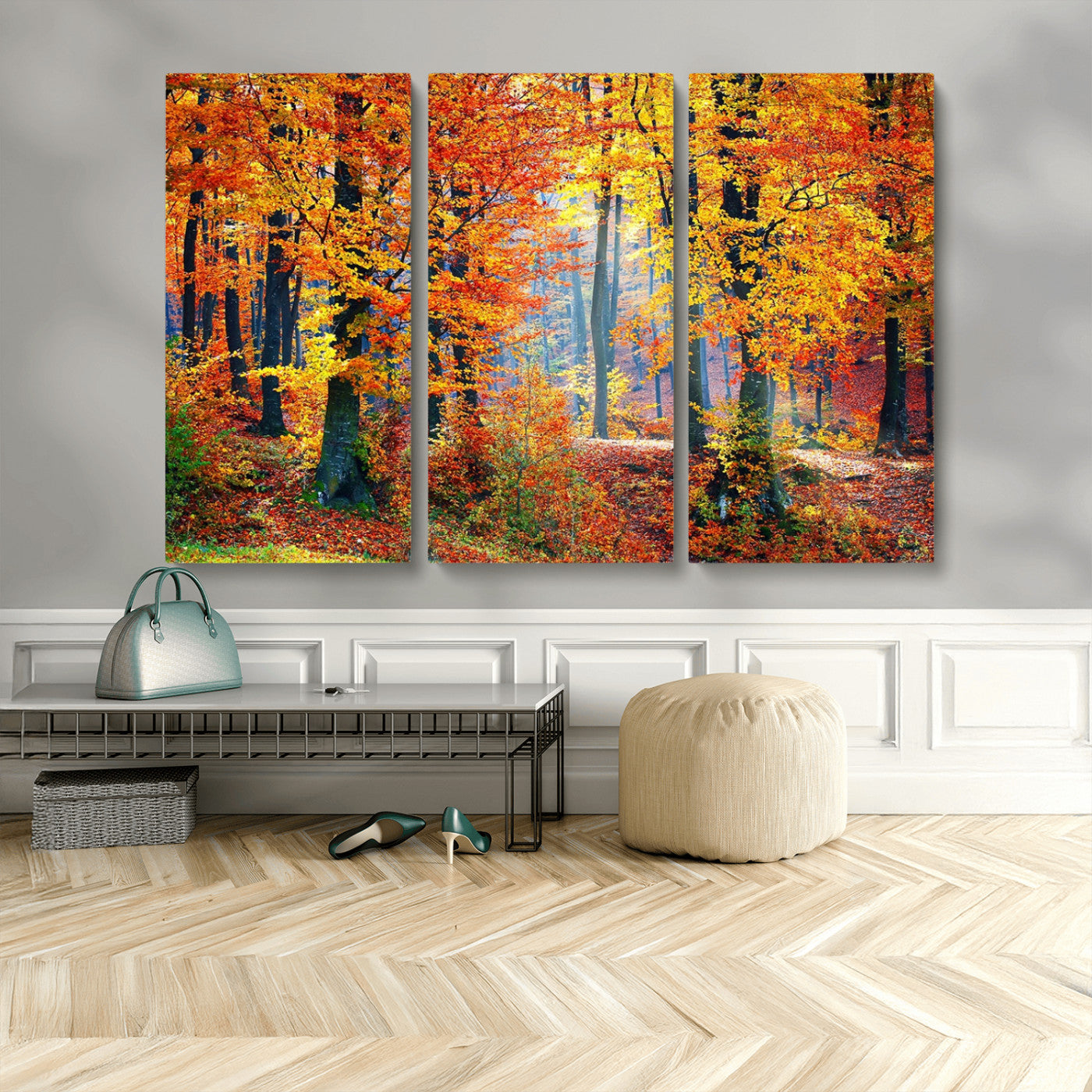 MGV-CV-48X32-3P - Autumn Red Forest Triptych Canvas Wall Art Print, Forest Wall Decor, Fall Landscape Art | Season Nature Landscape for Home or Office