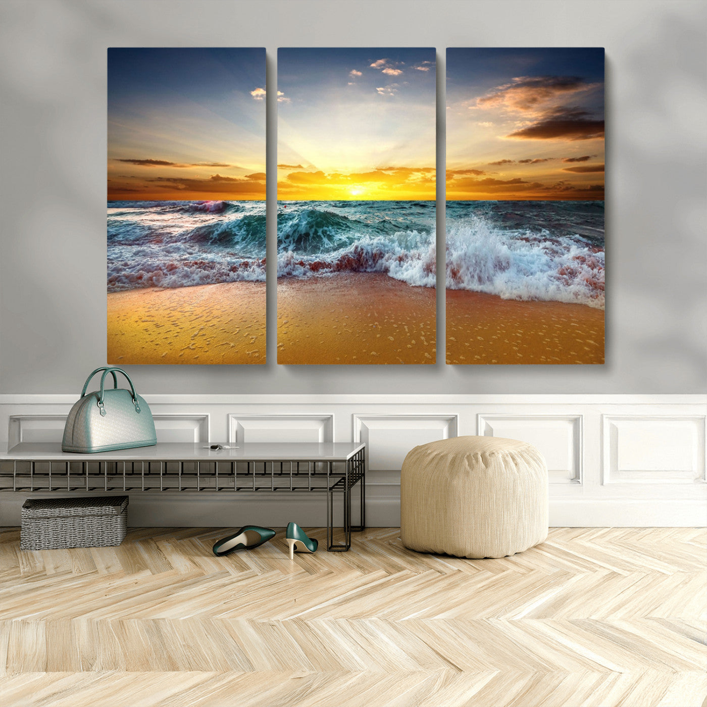 MGV-CV-48X32-3P - Golden Sunset Ocean Waves Wall Art Canvas Print – Multi Panel Beach Canvas Print Set – Large Coastal Triptych Print for Home or Farmhouse Decor