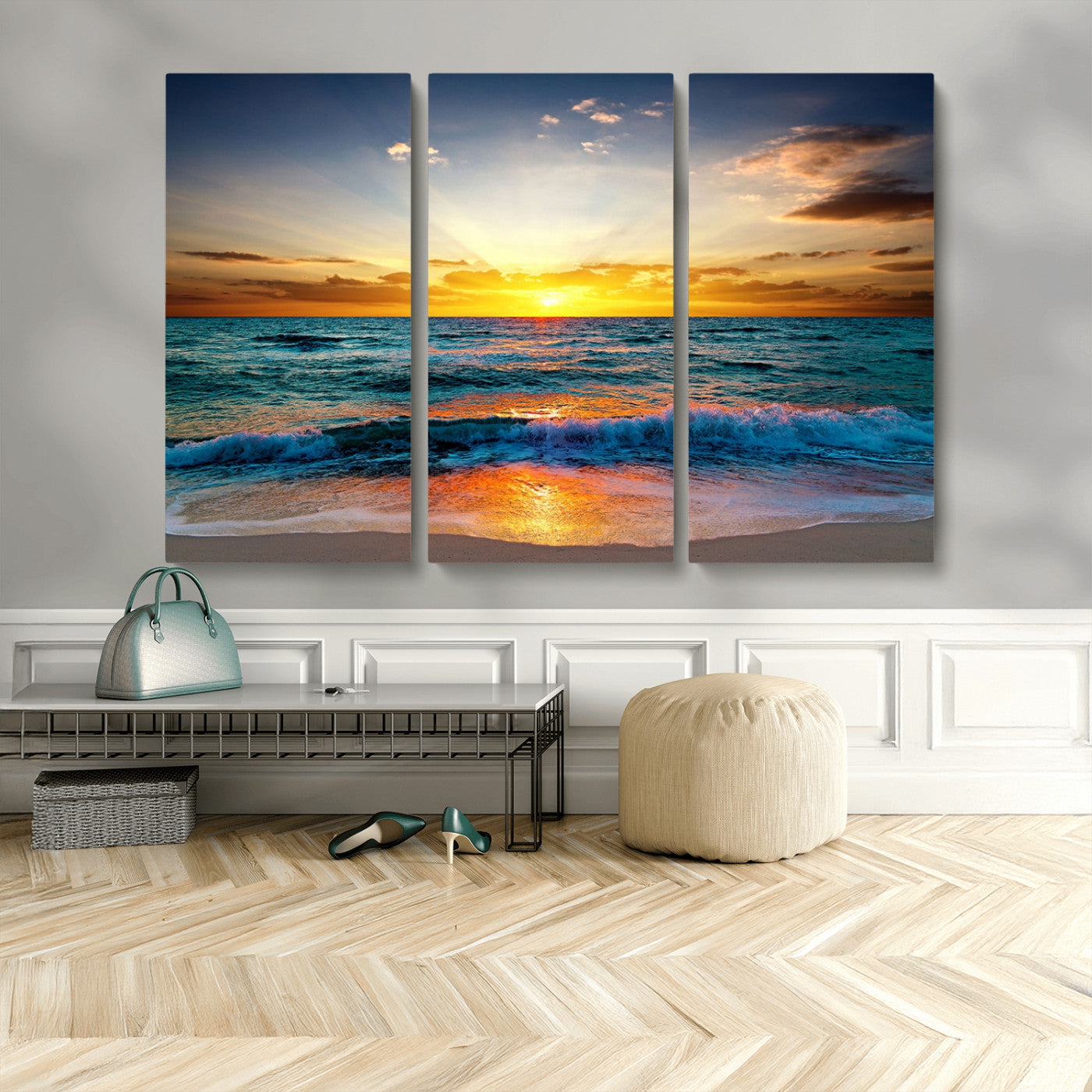 MGV-CV-48X32-3P - Vibrant Ocean Sunrise Over Golden Beach Waves, Giclee Canvas Wall Art Set, High-Quality Stretched Canvas Print, Ready to Hang Coastal Sunset Wall