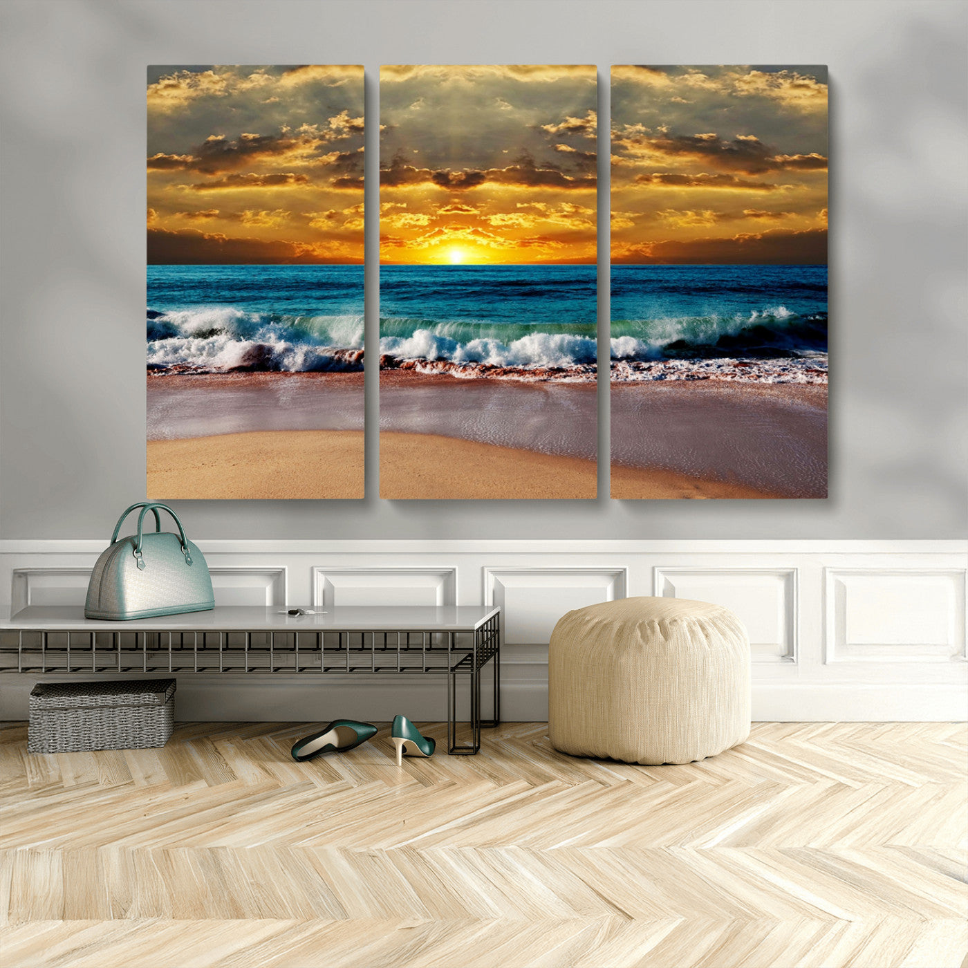 MGV-CV-48X32-3P - Ocean Sunrise Over Golden Beach Waves, Giclee Canvas Wall Art Set, High-Quality Stretched Canvas Print, Ready to Hang Coastal Sunset Wall Decor