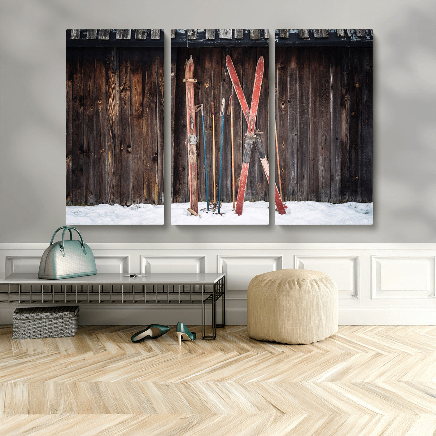 MGV-CV-48X32-3P - Vintage Ski Gear Against Wooden Cabin Wall, Rustic Winter Sports Equipment Canvas Print, Ready to Hang Wall Art, Perfect for Lodge or Ski Cabin Decor