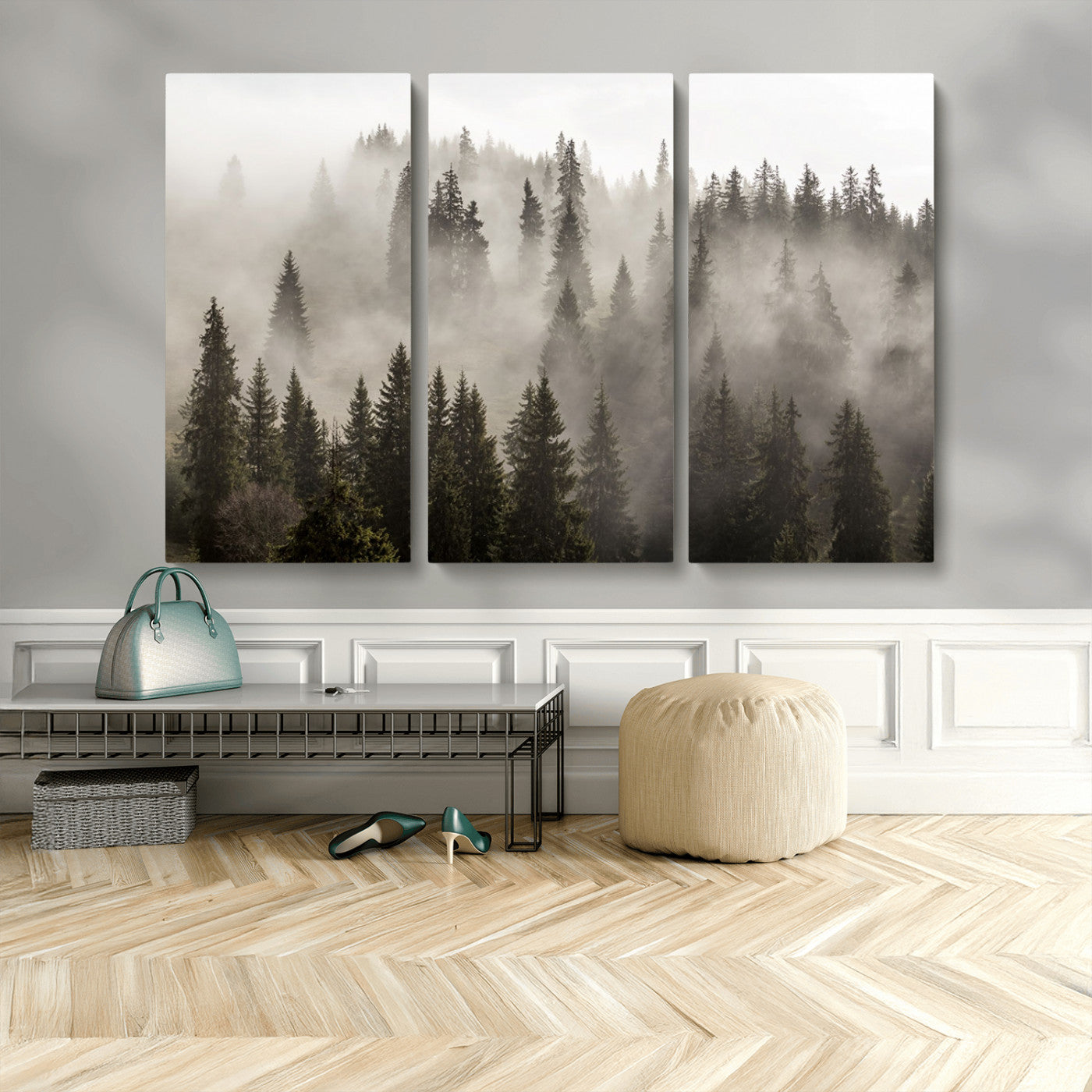 MGV-CV-48X32-3P - Foggy Mountain Wall Art | 3-Panel Foggy Forest and Mountain Landscape | Large Giclee Print for