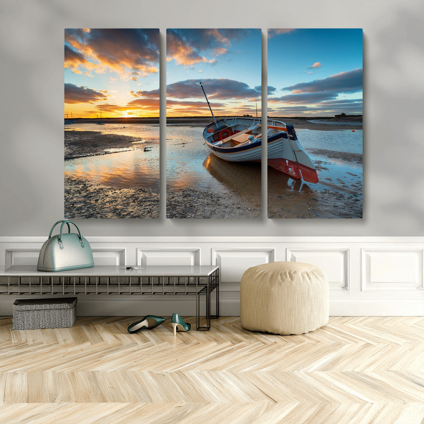 MGV-CV-48X32-3P - Small Boat At The Beach Sunset Wall Art, Boat Sunset Wall Art Canvas Print