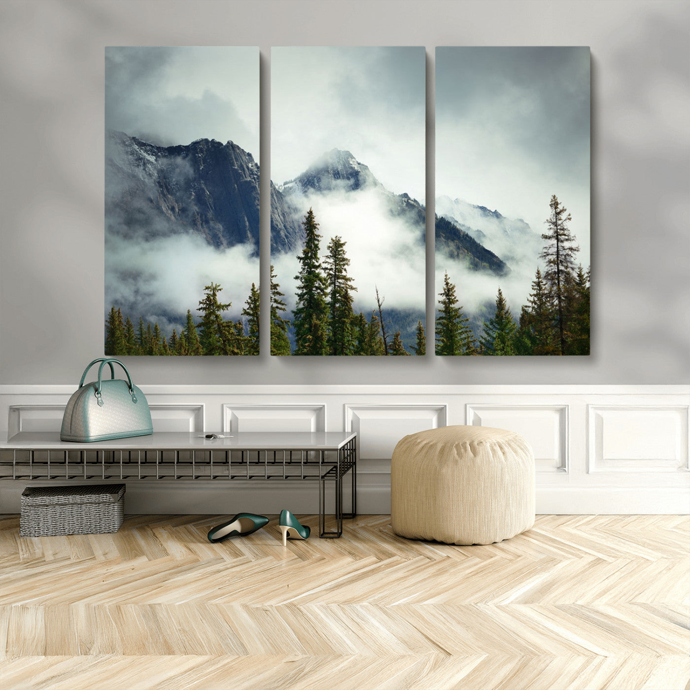 MGV-CV-48X32-3P - Mountain Mist Canvas Wall Art | 3-Panel Foggy Forest and Mountain Landscape | Large Giclee Print for Living Room, Office, or Cabin, Farmhouse Decor