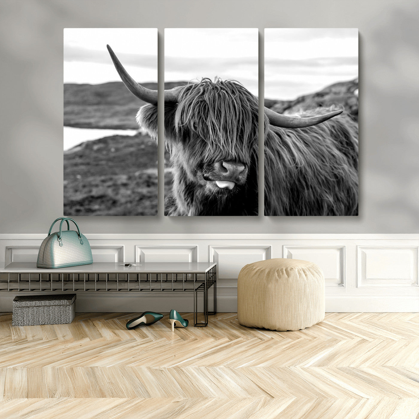 MGV-CV-48X32-3P - Highland Cow Canvas Wall Art – Black and White Animal Portrait – Framed and Ready to Hang Rustic Farmhouse Decor for Living Room or Office
